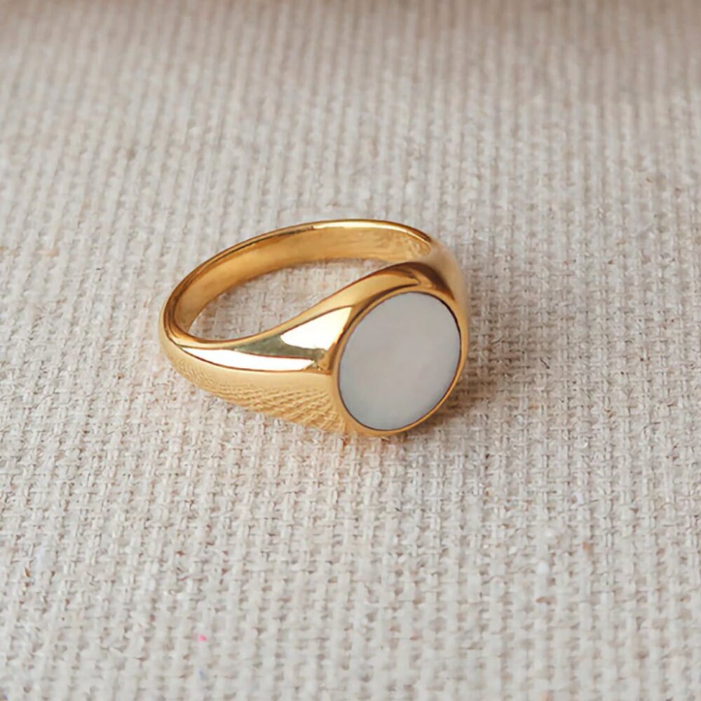 Gold Ring Non Tarnish Mother of Pearl Signet Ring Gold Statement Ring BEAUTIFUL - Picture 10 of 12
